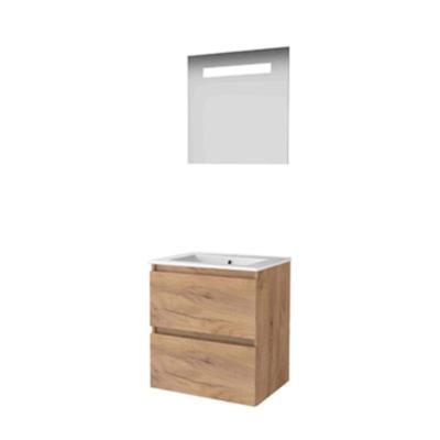 Basic-Line Economic 46 Badkamermeubelset - 60 x 46 cm - Greeploos - 2 Lades - Keramische Wastafel - 1 Kraangat - Spiegel met LED Verlichting - Whisky Oak
