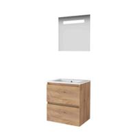 Basic-Line Economic 46 Badkamermeubelset - 60 x 46 cm - Greeploos - 2 Lades - Keramische Wastafel - 1 Kraangat - Spiegel met LED Verlichting - Whisky Oak