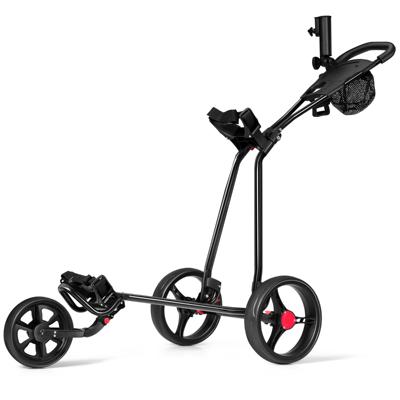 3-Wiel Golfkar Opvouwbare Lichtgewicht Ijzeren Golfkar met Verstelbaar TPR-Handvat Metalen Golf Duwkar Zwart