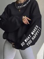 Women's Fleece Slogan Sweatshirt | Drop Shoulder Pullover Top Black / M