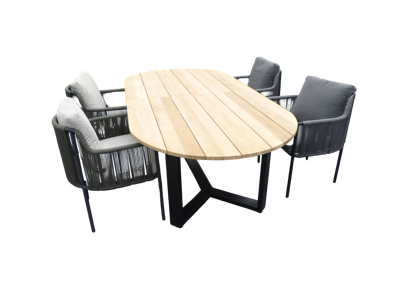 Set van Kaihou tafel 260x122x76 cm ovaal teak en 4 Umi stoelen groen - Yoi