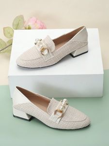 Elegant Linen Paneled Imitation Pearls Low Heel Loafers