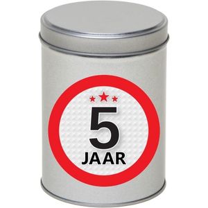 Zilver bewaarblik/opbergblik 13 cm met 5 jaar sticker   -