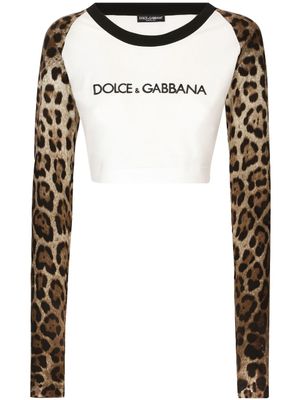 Dolce & Gabbana t-shirt crop en coton stretch à imprimé léopard - Blanc