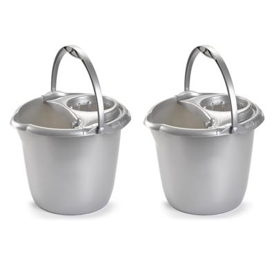 PlasticForte Dweilemmer - 2x stuks - 15 liter - zilver grijs - mopemmer - 38 cm