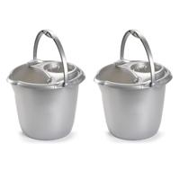 PlasticForte Dweilemmer - 2x stuks - 15 liter - zilver grijs - mopemmer - 38 cm