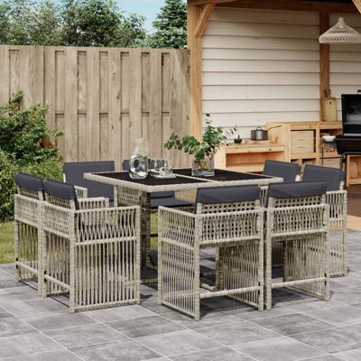 9-delige Tuinset met kussens poly rattan lichtgrijs