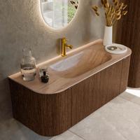 Badmeubel Mondiaz Kurve-Dlux | 120 cm | Meubelkleur Walnut | Wastafelkleur Saba | Solid surface | Wasbak midden spoelbak | 1 kraangat