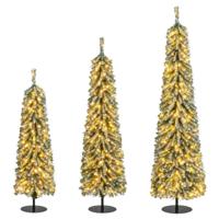 Set van 3 Kunstkerstbomen 120+150+180 cm Potloodvormige Kerstbomen Nepsneeuw 216+302+505 Takken 100+120+180 LED-Lampjes