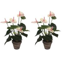 2x Kunstplanten Anthurium licht roze in grijze pot 40 cm - thumbnail