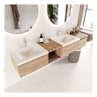 Mondiaz Bukla 200cm badmeubel met open module 40 links kleur washed oak 3 lades wastafel dubbel 2 kraangaten kleur talc