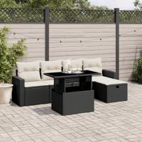 6-delige Loungeset met kussens poly rattan zwart