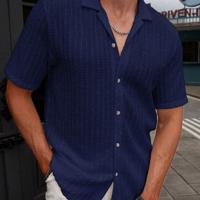 Bon&Bon Men's Brown Short Sleeve Casual Shirt | Lapel Collar Top Navy Blue / M