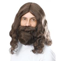 Carnaval verkleed Jezus pruik en baard voor heren - lang haar - baard - bruin - thumbnail