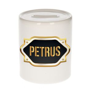 Naam cadeau spaarpot Petrus met gouden embleem