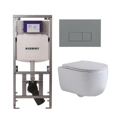 QeramiQ Dely Swirl Toiletset - 36.3x51.7cm - Geberit UP320 Burda inbouwreservoir - slimzitting - bedieningsplaat licht grijs - rechthoekige knoppen - wit glans 0701131/SW1102375/SW1000766/SW1026256