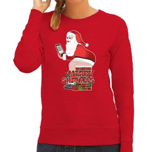 Foute Kersttrui/sweater voor dames - Merry Shitmas - rood - kerstman op de WC