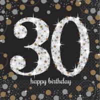 Servetten 30 jaar - 48x stuks - zwart - 33 x 33 cm - confetti - luxe - verjaardag