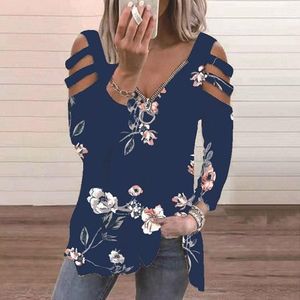 Women's Casual Floral V Neck Zip Long Sleeve Blouse Vacation Boho Clothing
