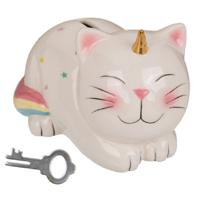 Spaarpot eenhoorn kat/poes met slotje - 17 x 12 cm - Unicorn katten/dieren spaarpotten - meisjes