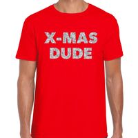 Foute Kerst t-shirt X-mas dude zilver glitter op rood heren - thumbnail