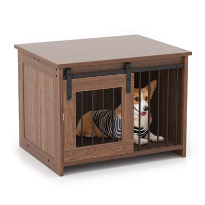 Moderne Hondenbench van Hout met Groot Tafelblad Schuifdeur Kauwbestendige Metalen Buizen Bruin