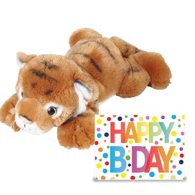 Verjaardag cadeau tijger 25 cm met XL Happy Birthday wenskaart