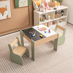 3-Delige Kinderzitgroep van Hout 4-In-1 Kindertafel met 2 Stoelen en Afneembaar Bord Kindermeubelset met Opbergruimte (Groen)