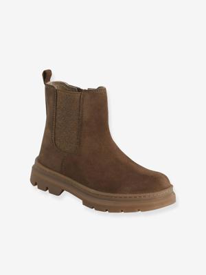 Boots voor meisjes, collectie voor de kleuterschool, leer, elastiek en ritssluiting kameel