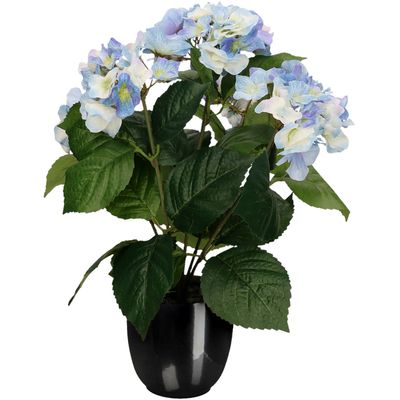 Hortensia kunstplant/kunstbloemen 40 cm - blauw - in pot zwart glans