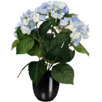 Hortensia kunstplant/kunstbloemen 40 cm - blauw - in pot zwart glans