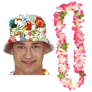 Carnaval verkleed set - Tropische Hawaii party - bucket hoedje - met bloemenslinger - volwassenen