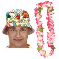 Carnaval verkleed set - Tropische Hawaii party - bucket hoedje - met bloemenslinger - volwassenen - thumbnail