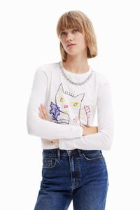 Arty T-shirt met kat - WHITE - L