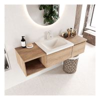 Mondiaz Bukla 140cm badmeubel met open module 40 links kleur washed oak 2 lades wastafel midden 1 kraangat kleur talc