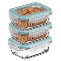 5Five Vershoudbakje met deksel - 3x - glas - luchtdicht - met clips - 18 x 12 x 6 cm - 800 ml