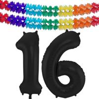 Leeftijd folie ballonnen - Leeftijd cijfer 16 - zwart - 86 cm - en 2x feestslingers gekleurd