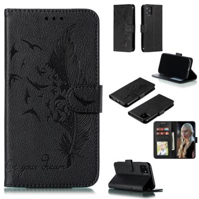Feather patroon Litchi textuur horizontale Flip lederen draagtas met portemonnee & houder & kaartsleuven voor iPhone 11 (zwart)