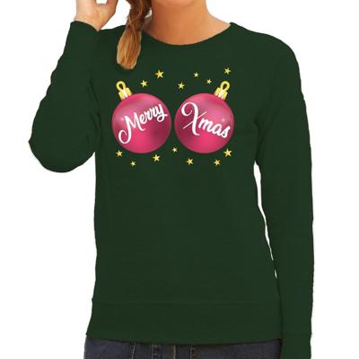 Foute kersttrui sweater - voor dames - groen - met roze Merry Xmas ballen Foute kersttrui sweater - voor dames - groen - met roze Merry Xmas ballen