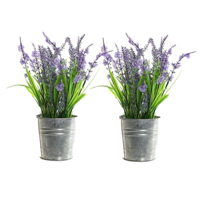 2x stuks lavendel kunstplanten/kamerplanten paars in grijze sierpot H28 cm x D18 cm