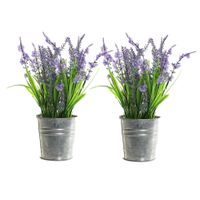 2x stuks lavendel kunstplanten/kamerplanten paars in grijze sierpot H28 cm x D18 cm