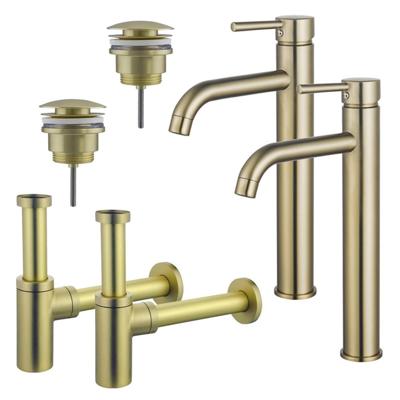 Fortifura Calvi Wastafelkraanset - voor dubbele wastafel - verhoogde wastafelkraan - klikwaste plug - design sifon - Geborsteld Messing PVD (Goud) 2x SW720549/2x SW696202/2x SW696213