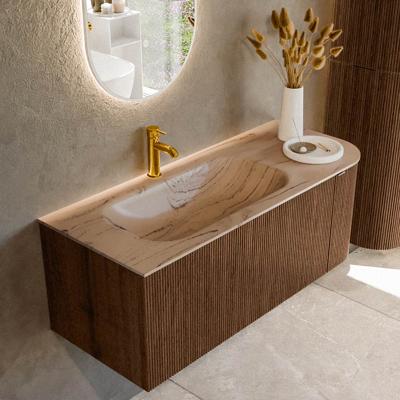 Badmeubel Mondiaz Kurve-Dlux | 115 cm | Meubelkleur Walnut | Wastafelkleur Arena | Solid surface | Wasbak linker zijde spoelbak | 1 kraangat