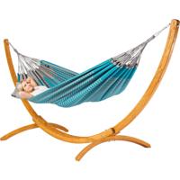Tweepersoons hangmat met houten standaard - 350x160cm -BlauwGroen - 160kg draagkracht- 100% katoen - binnen & buiten Tweepersoons hangmat met houten standaard - 350x160cm -BlauwGroen - 160kg draagkracht- 100% katoen - binnen & buiten