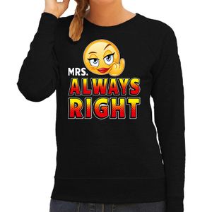 Funny emoticon sweater Mrs. always right zwart dames