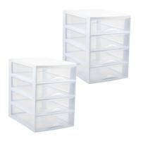 Ladekastje bureau organizer - 2x - 4 lades - wit/transparant - L26 x B35 x H36 cm - kunststof