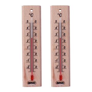 Thermometer binnen/buiten - 2x - hout - bruin - 14 x 3 cm