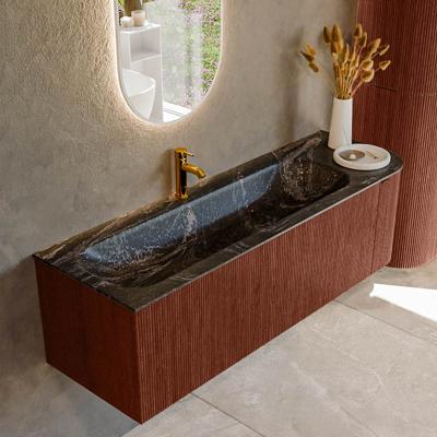 Badmeubel Mondiaz Kurve-Dlux | 145 cm cm | Meubelkleur Ruby | Wastafelkleur Lava | Solid surface | Wasbak links zijde spoelbak | 1 kraangat