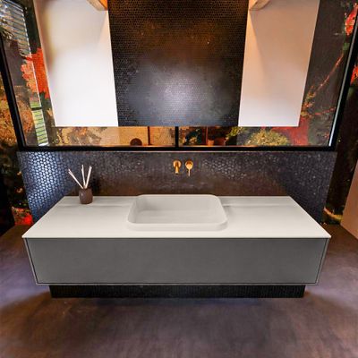 Badkamermeubelset Mondiaz Erin 150 cm met 1 Lade met RIDGE Wastafel Midden Linen Zonder Kraangaten Greeploos Mat Dark Grey