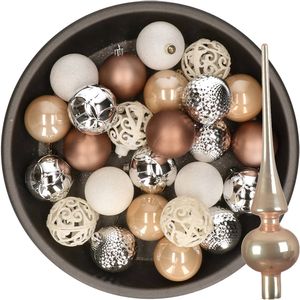 37x stuks kunststof kerstballen 6 cm incl. glazen piek bruin-zilver-wit - Kerstbal